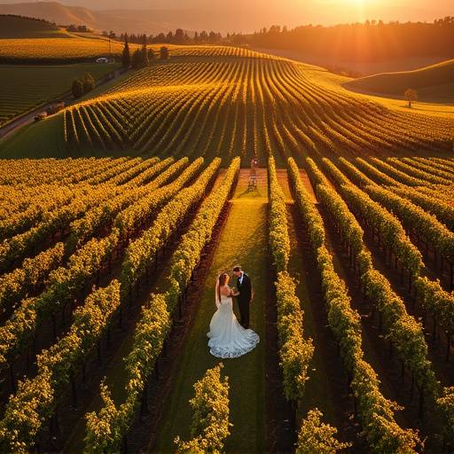 Aerial view of a wedding ceremony taking place in a vineyard in Napa Valley, capturing the picturesque setting and the scale of the event.