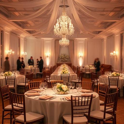 Beautifully composed photograph of a wedding reception, featuring elegantly decorated tables and soft, romantic lighting.