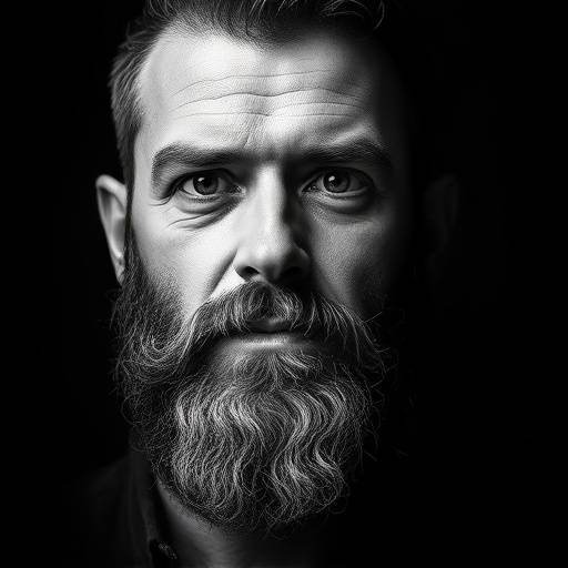 Black and white portrait of a man with a beard, showcasing strong contrast and highlighting his characterful features.