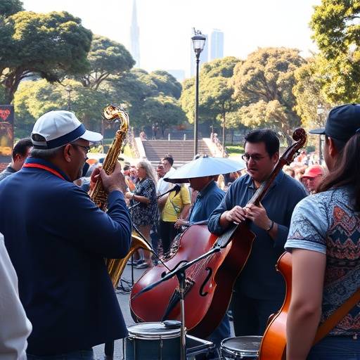 Candid photo of a jazz band performing at a lively outdoor music festival in Golden Gate Park.