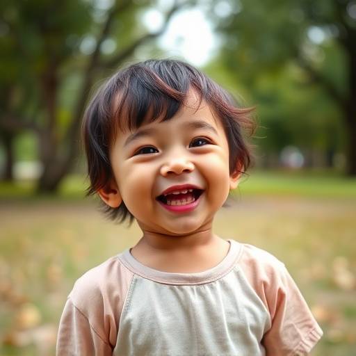 Candid portrait of a child laughing, captured in a park with bokeh effect in the background, emphasizing her joy and innocence.