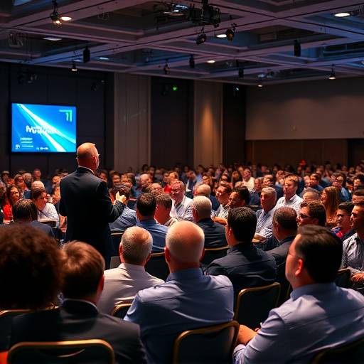 Energetic photo of a corporate event, capturing a speaker addressing an engaged audience during a tech conference.