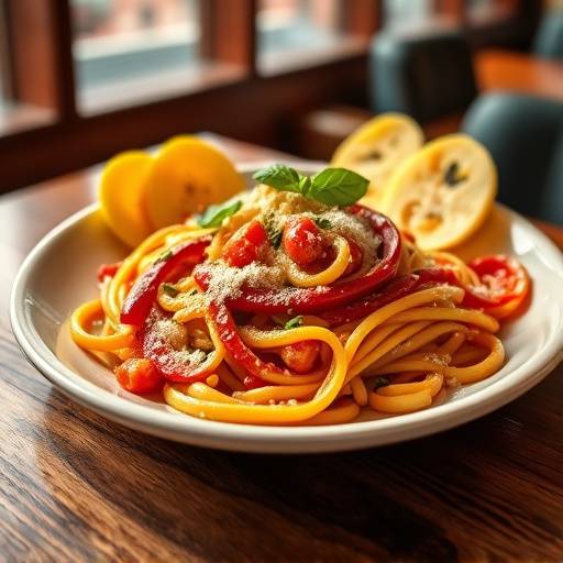 Food photography showcasing a delicious plate of pasta in a trendy San Francisco restaurant, emphasizing the vibrant colors and textures.