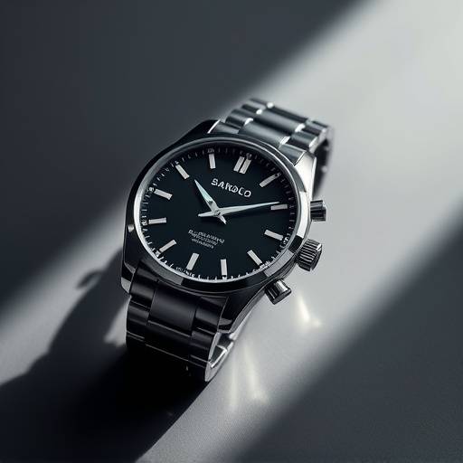 Product photography showcasing a luxury wristwatch on a sleek, minimalist surface, emphasizing its craftsmanship.