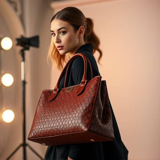 Studio fashion shoot of a model showcasing a designer handbag, highlighting its intricate details and luxurious materials.