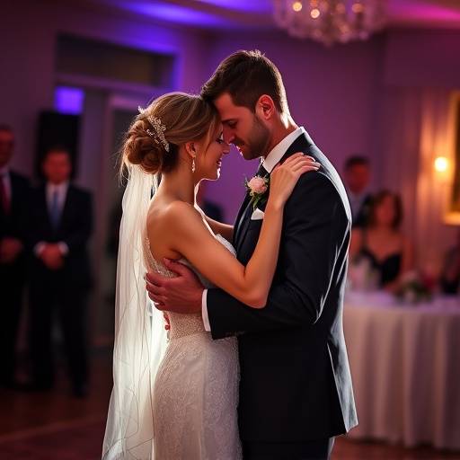 Wedding photography session capturing a romantic moment between the bride and groom during their first dance.